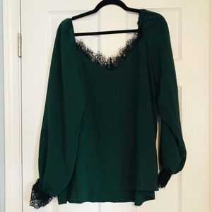 Hunter green blouse with black lace